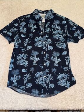 Men's Penguin Navy Palm-Print Short Sleeve Shirt Size Medium